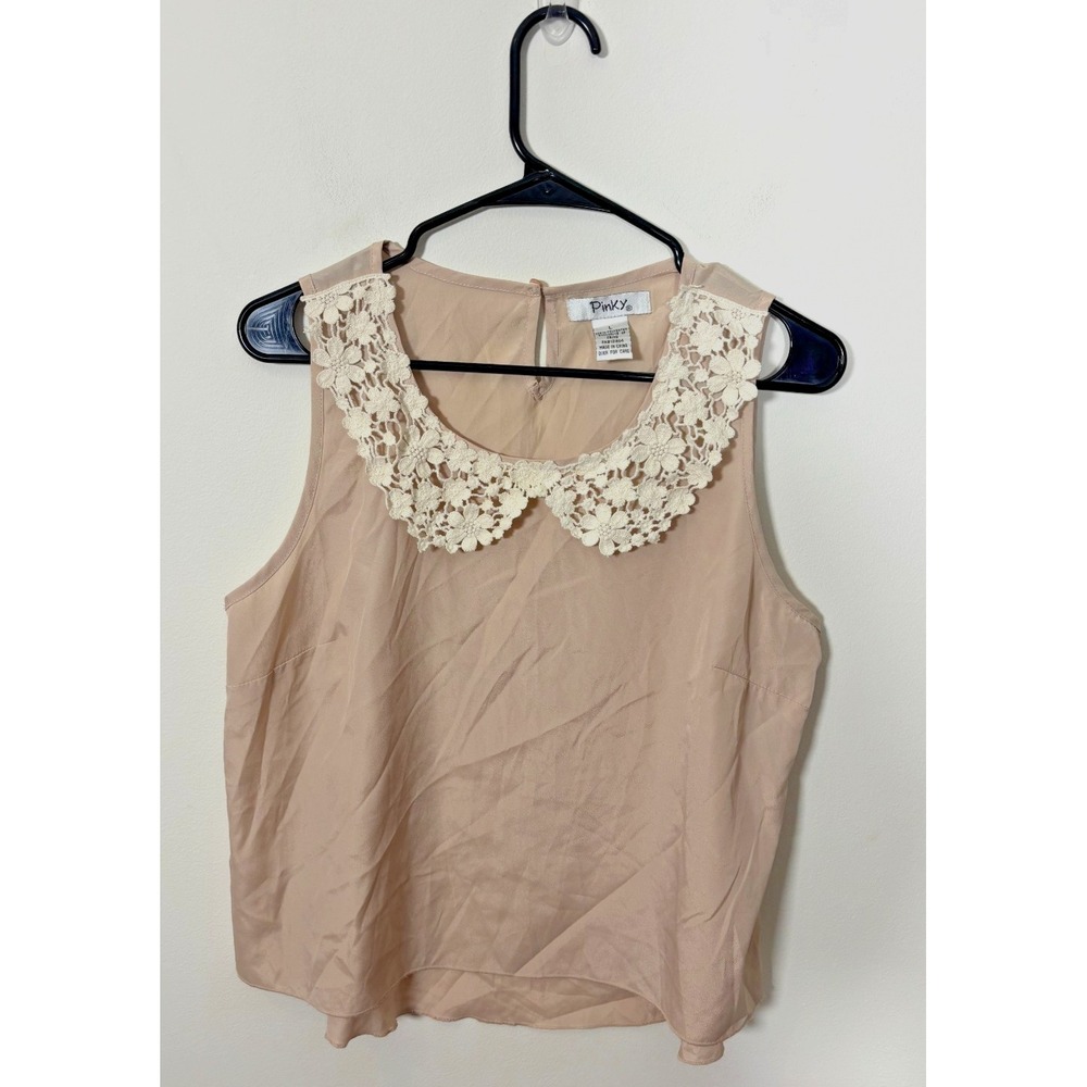 Pinky Large Women's Tank Top Tan/Beige Lace Collar Detailing Office